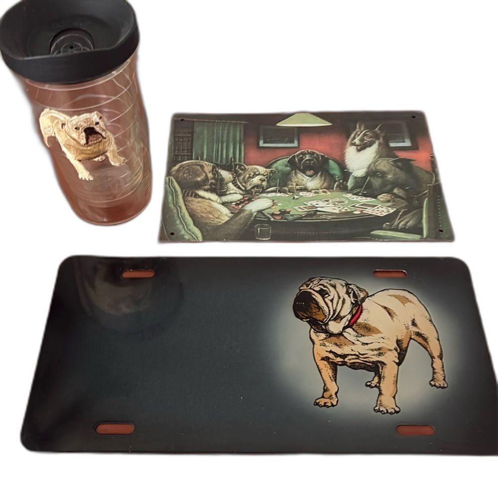 English Bulldog bundle tin sign license plate  Tervis Tumbler poker